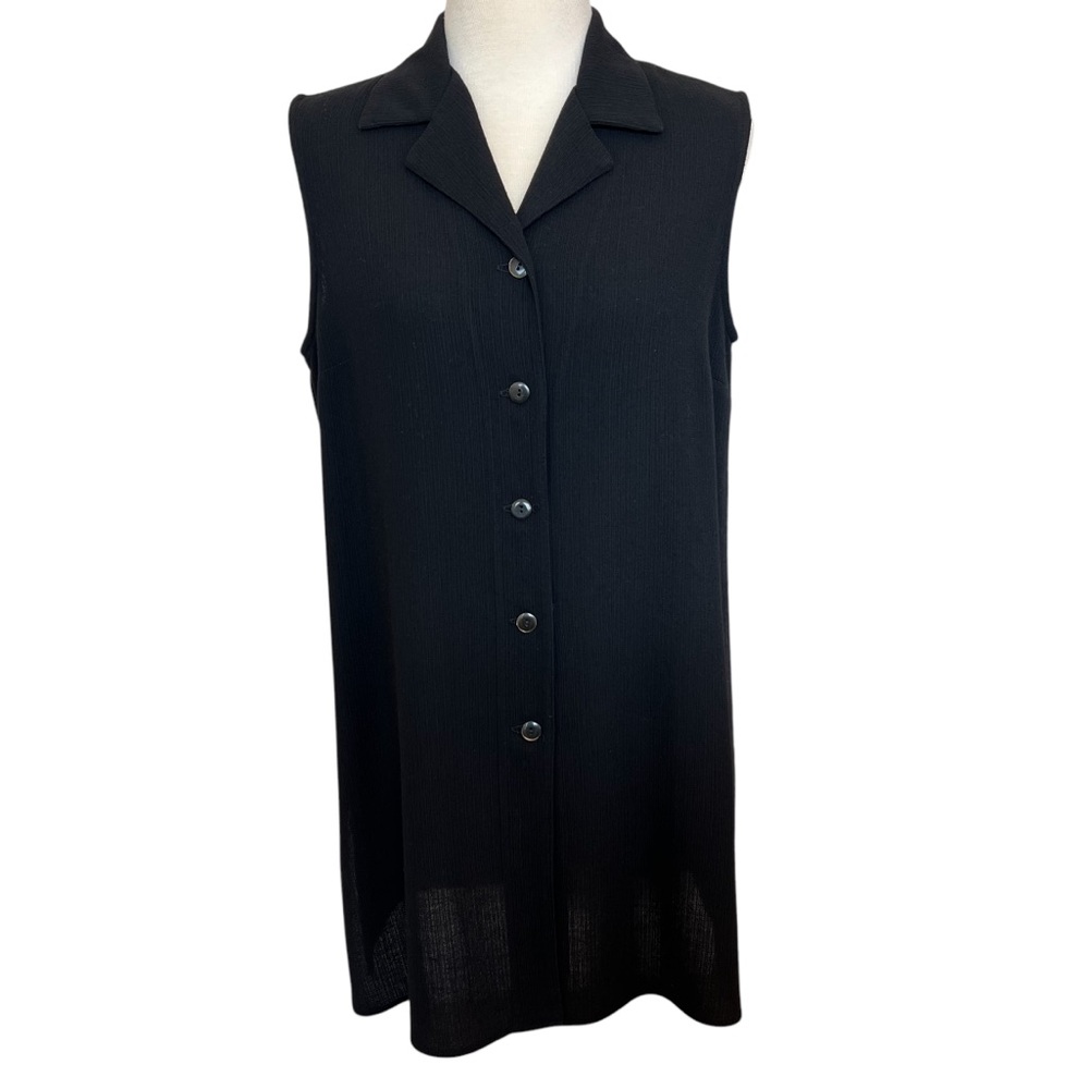 Talbots Vintage Sleeveless Tunic Top Black Textured Button Up Vest Medium